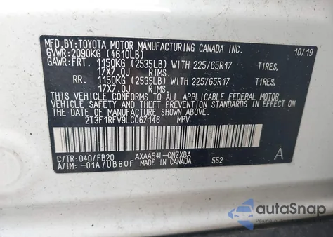 2020 Toyota Rav4 Le из США, поврежденный, VIN 2T3F1RFV9LC067146